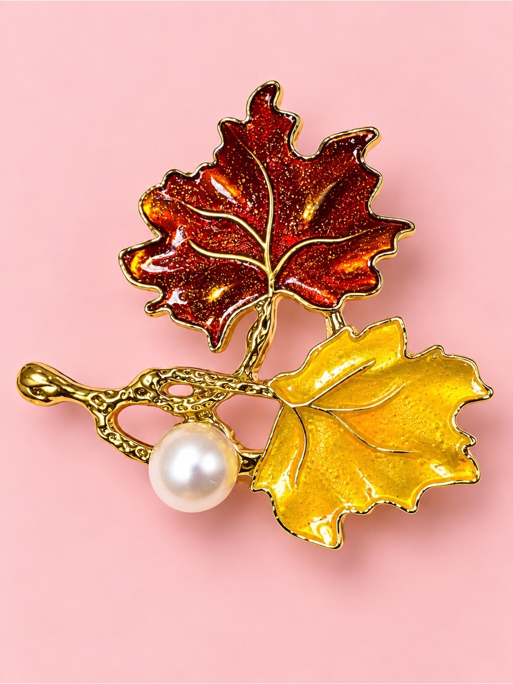 Gold Leaf Brooch with Red and Yellow Enamel Leaves and Pearl Accent